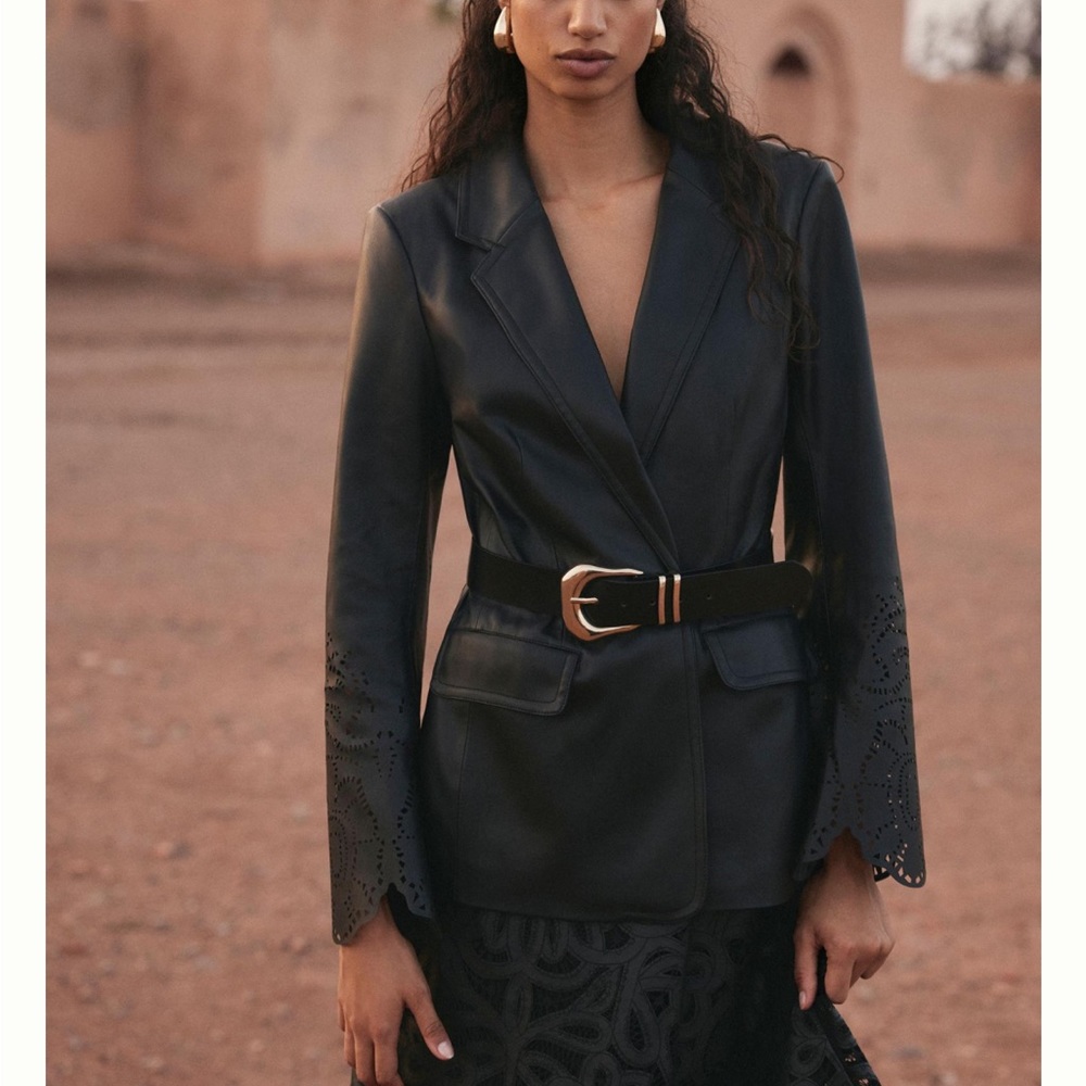 NWT Maeve Eyelet Sleeve Faux Black Leather Jacket Sz 14 MSRP $158